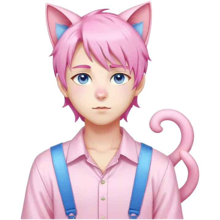 Pastel effeminate young femboy man with pastel pink shiny hair, pink cat ears, pastel yellow blouse, blue eyes, cute, gorgeous, anime, catboy, full body emoji