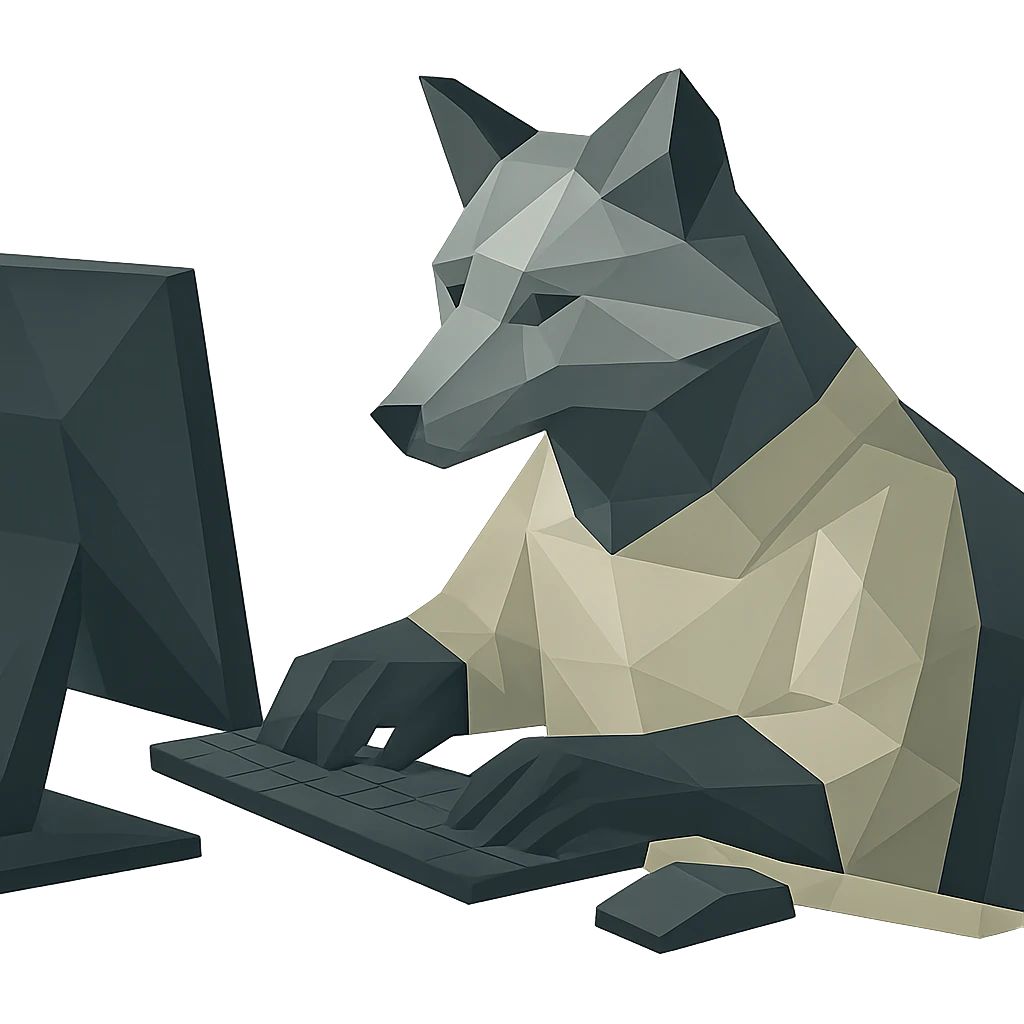 Change the animal to a silver fox working at a computer, keep the polygonal style, transparent background. emoji
