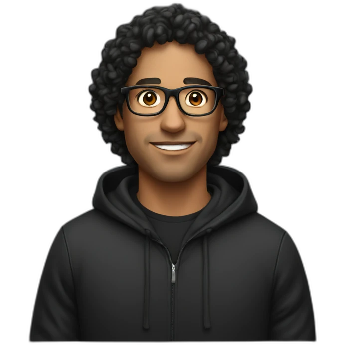 Latin man with glasses, curly hair, wearing a black hoodie emoji