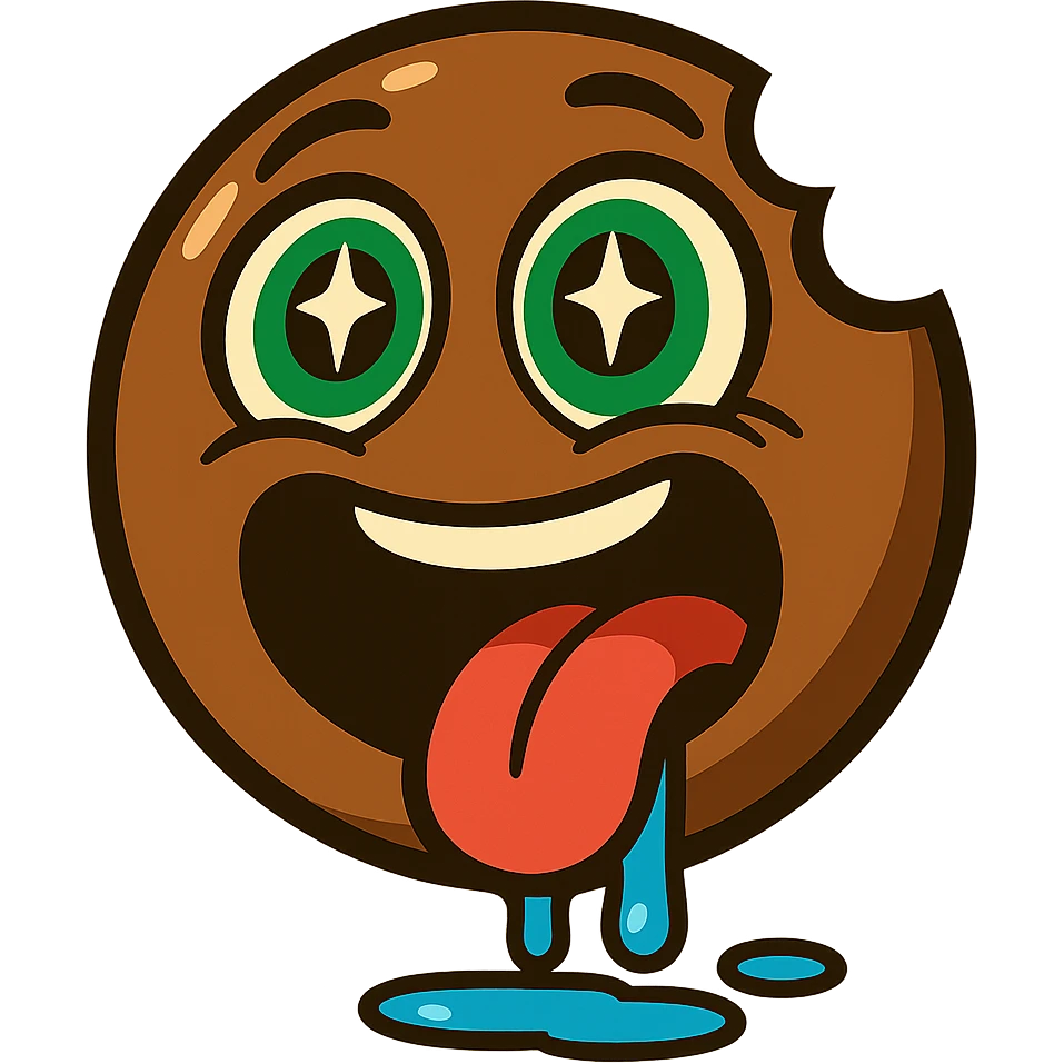 glossy exaggerated cartoon emoji face in chocolate brown, large green eyes looking up with sparkles, wide open mouth with a bite missing from the side, red tongue hanging out, blue drool dripping and pooling, showing intense hunger and excitement, clean white background, bold and fun mascot style emoji