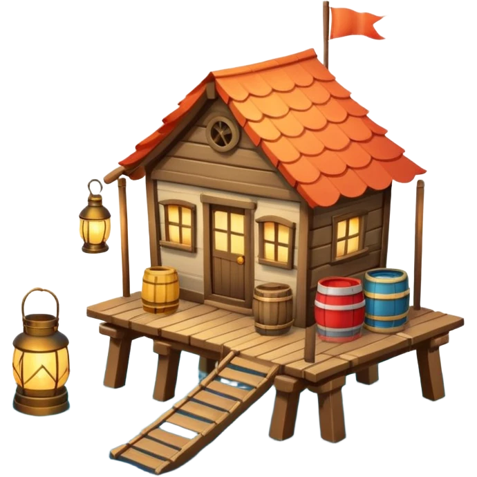 
fisherman house on a wooden pier, small dock, fishing nets hanging, barrels, lantern, ocean vibe, 3D cartoon, cute mobile game icon, clean background, no text
 emoji