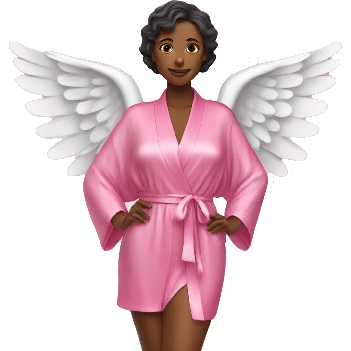 woman in pink silk robe and bikini with angel wings emoji