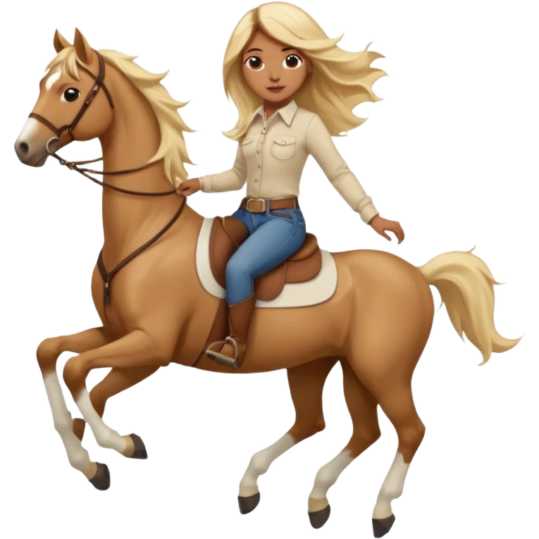 Brown girl with very long blonde/gold hair that’s blowing in the wind wearing a cream colored collared long sleeve shirt and jeans with brown boots on top of a brown horse with 4 legs emoji