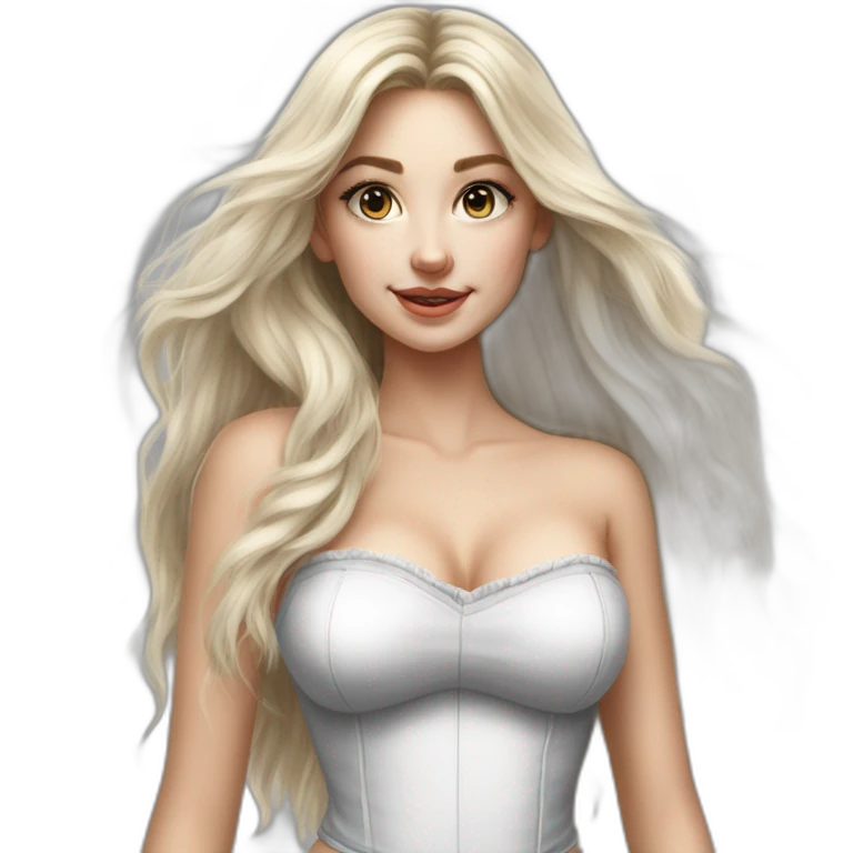 caucasian straight long haired blonde, white bustier, tight grey mini skirt, hyperrealist drawing emoji