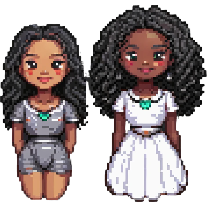 illustration of two women, one with light skin and one with dark skin, both with black curly hair, black eyes, full lips, smiling expression, pixel art style emoji