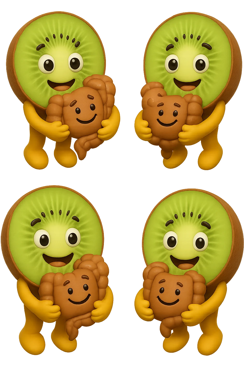 emoji stile iphone di kiwi fluttuano in aria tenendo in mano un pezzo di colon con espressione felice in volto, iperrealistico 4k emoji