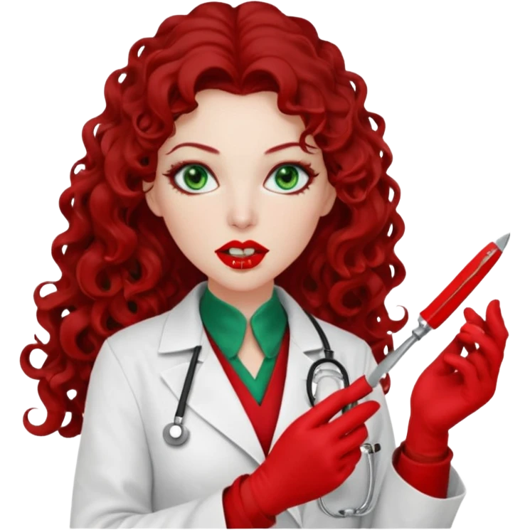 Lilith symbol sexy evil woman. She has green eyes.  had brown long curly hair.  evil surgeon kills with scalpel wears red sexy doctor coat with red mouth cover red gloves. Covers nose, neck  and mouth with red face berka emoji