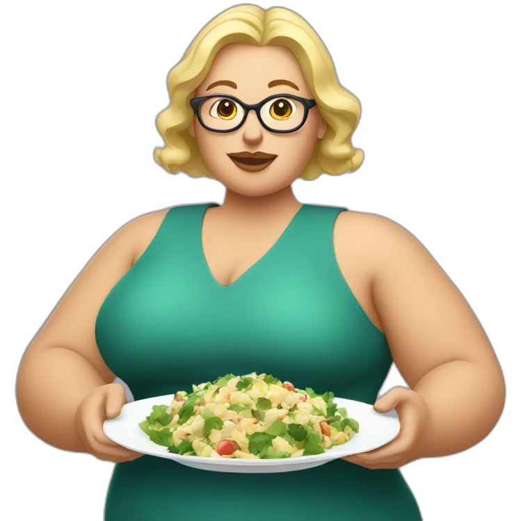 Blonde fat woman with glasses with a large plate of olivier salad emoji