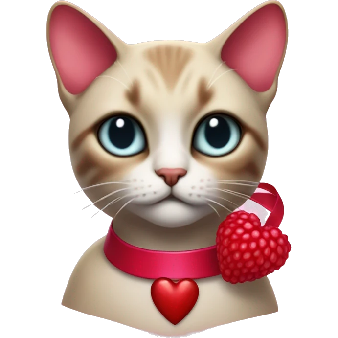 Raspberry coloured heart with red ribbon and siamese cat wars emoji