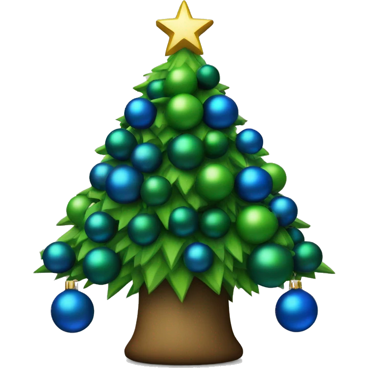Christmas tree decorated with blue and green balls, with an black oil symbol on the star emoji