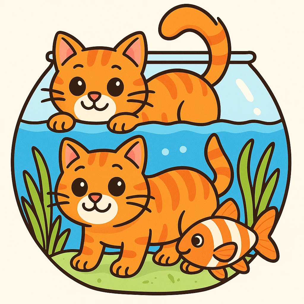 A red-haired cat and a goldfish aquarium in 3d-emoji style, more cartoonish emoji