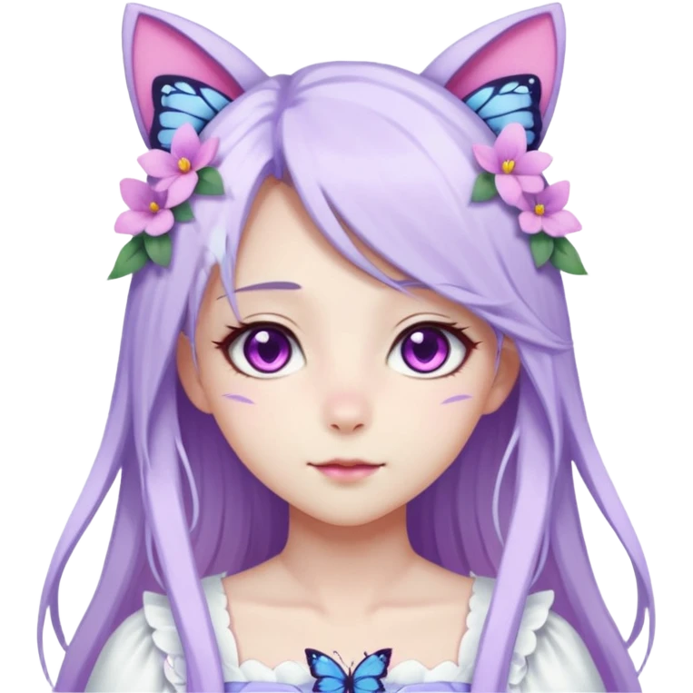 female anime character with pink eyes long white hair and periwinkle highlights and cat ears on her head. She is wearing a white dress with purple flowers and butterfly. emoji