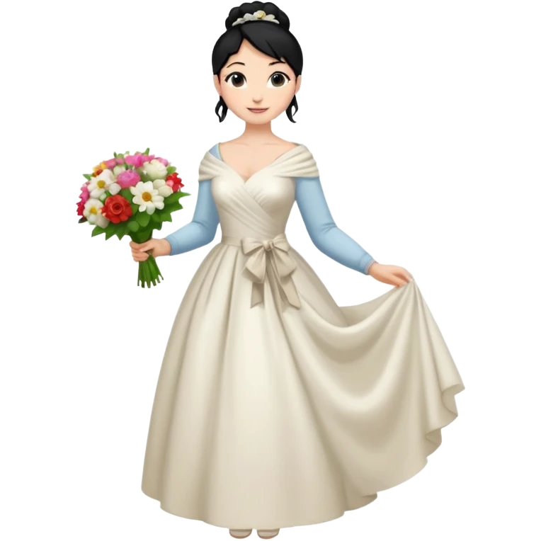Chica blanca,cuerpo entero, vestido boda ,manga larga ,con estola, pelo negro,    ramo de flores una mano, pelo recogido en moño alto emoji