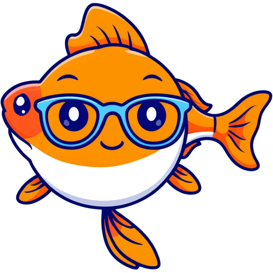 A funny orange goldfish with large glasses, making a goofy face emoji