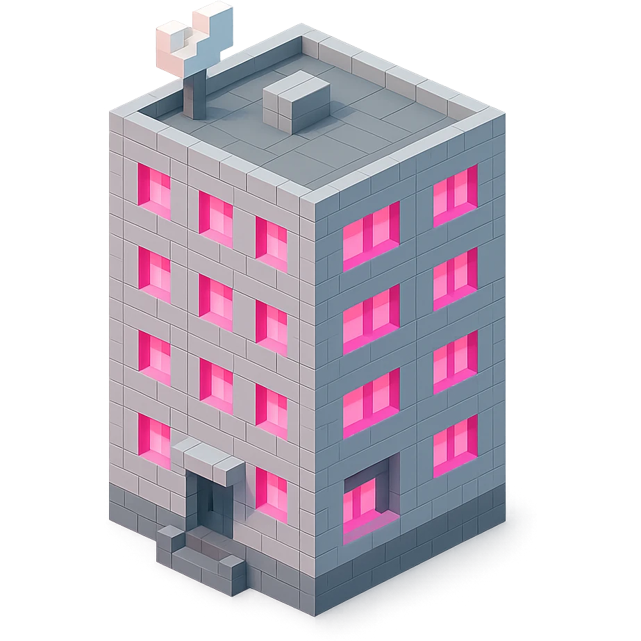 Russian panel apartment building, square block, light gray, pink glowing windows, visible entrance, satellite TV dish on the roof, isometric view emoji