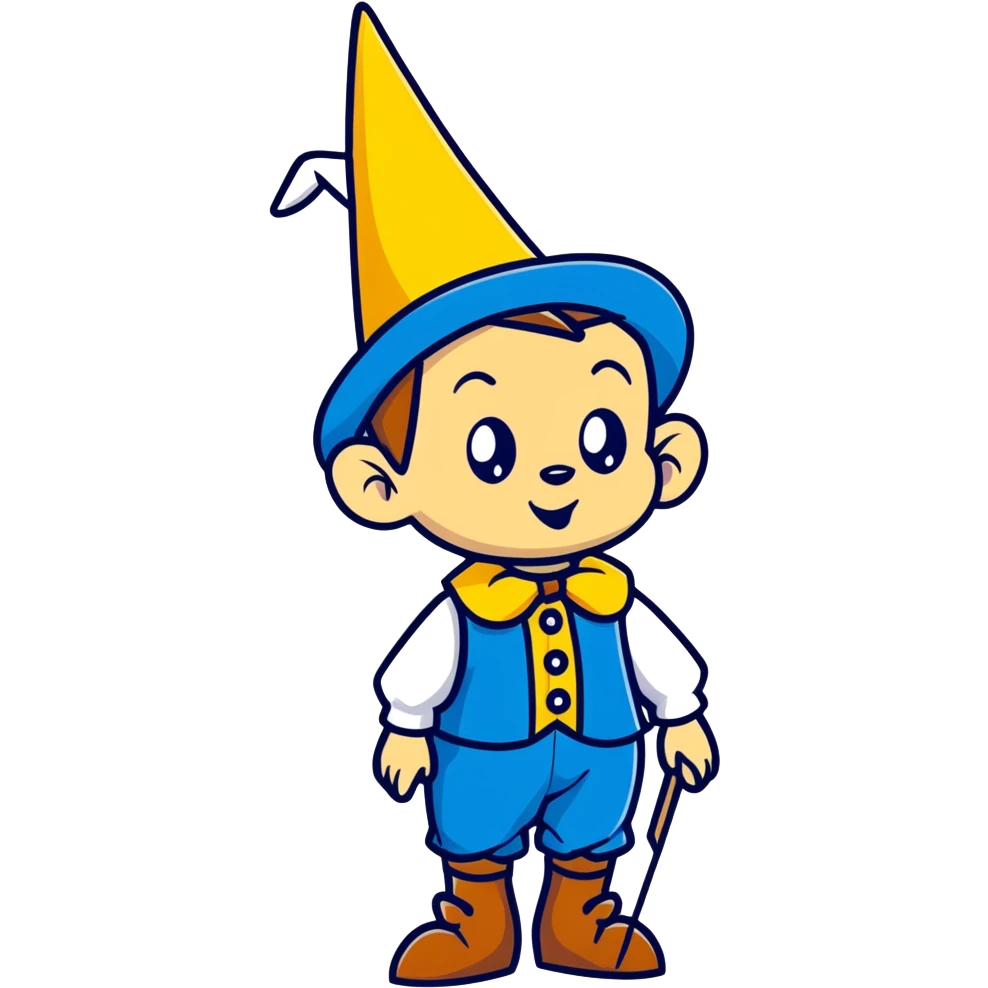 Cartoon Pinocchio puppet with growing long nose, blue outfit and pointed hat emoji