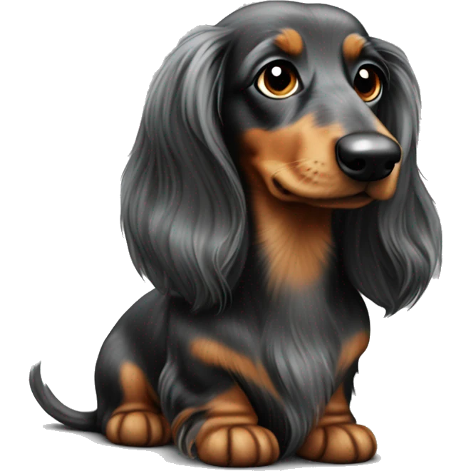 3 longhaired dachshunds, two of which black and tan and the other one merle grey emoji