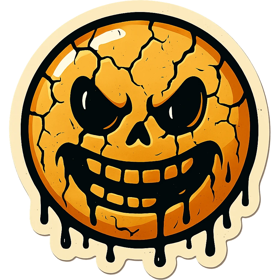 scary emoji with cracks, drips and chips, sharp black outlines, clear shadows and highlights, no gradients, retro stickers style emoji