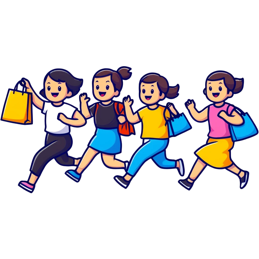 shoppers running with the salesgirl, bright colors and playful expressions emoji