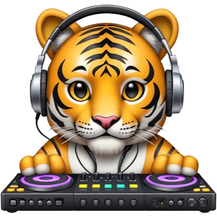 DJ tiger face with headphones and mixing deck for Twitch emote emoji