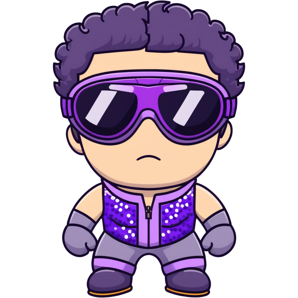 male athlete with white skin and moderately curly black hair on top with shaved sides, wearing ski goggles with purple frames and very dark black lenses, a simple plain black chain necklace, and a completely unzipped shiny vest with purple and black sequin fire pattern design, fully revealing his chest and abs, no earrings emoji