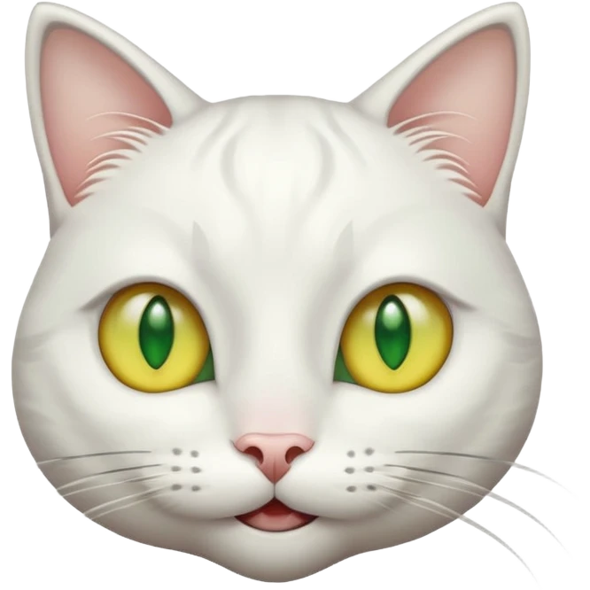 Realizar emoticonon de gato blanco con tonos gris claro solo carita sonriendo muy feliz ojos grandes de color verde con amarillos sus hijos  y bigotes largos  emoji