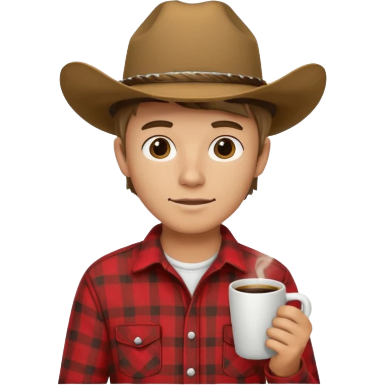 generate an ios genmoji of a 20 year old tan boy with a cowboy hat and side burns. Wearing a flannel and carrying a coffee mug emoji