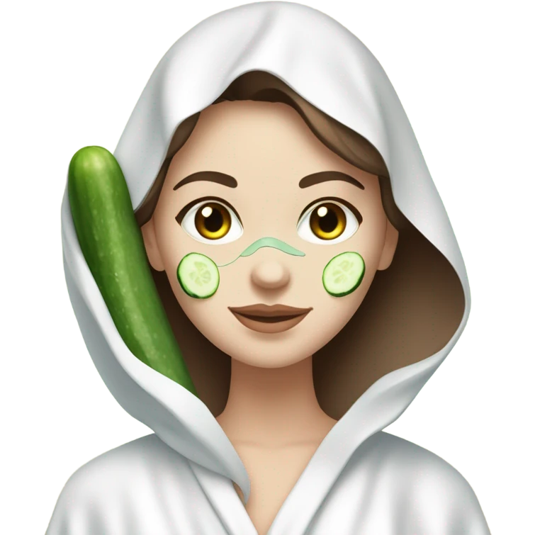 White girl with Brown hair and blue eyes wears a Green colored skincare clay textured mask and puts on cucumbers around her eyes while She relaxes in her white Robe emoji