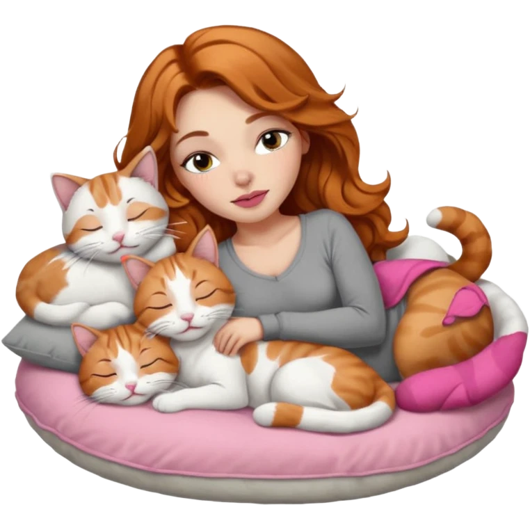 girl with long wavy brown hair, long lashes makeup, sexy pink lips, light to medium complexion,  sleeping on a cozy pillow, with 6 cats: 1 ginger/white, 1 grey with white paws, 1 calico, 2 grey and white and one tabby and white emoji