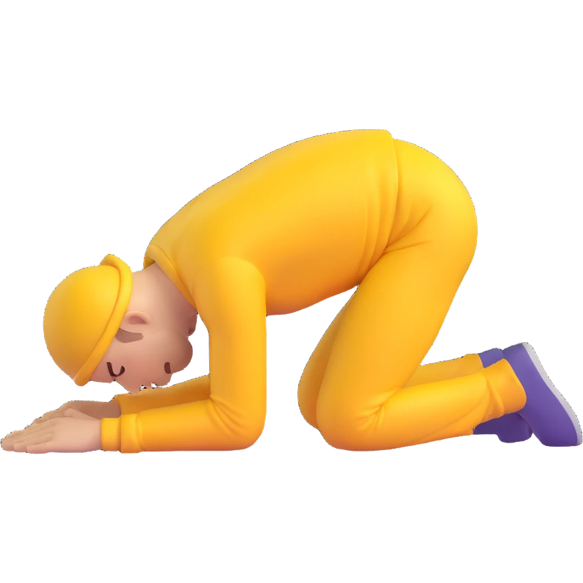 male in the 3-step prostrate pose: kneeling, bowing, full prostrate, 3D emoji style, 80% realistic emoji