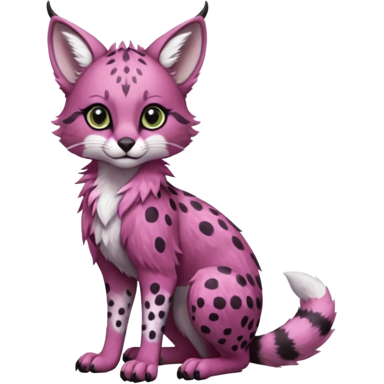 Cute kawaii cool edgy badass  soft magenta fur with pearly-white polka dots and subtle shimmer  fantasy-caracal-civet-genet-sergal-vernid-Gryphon-Cacomistle-Trico-oncilla-animal-Fakémon-hybrid-fursona (full body), facial markings, (realism style) emoji