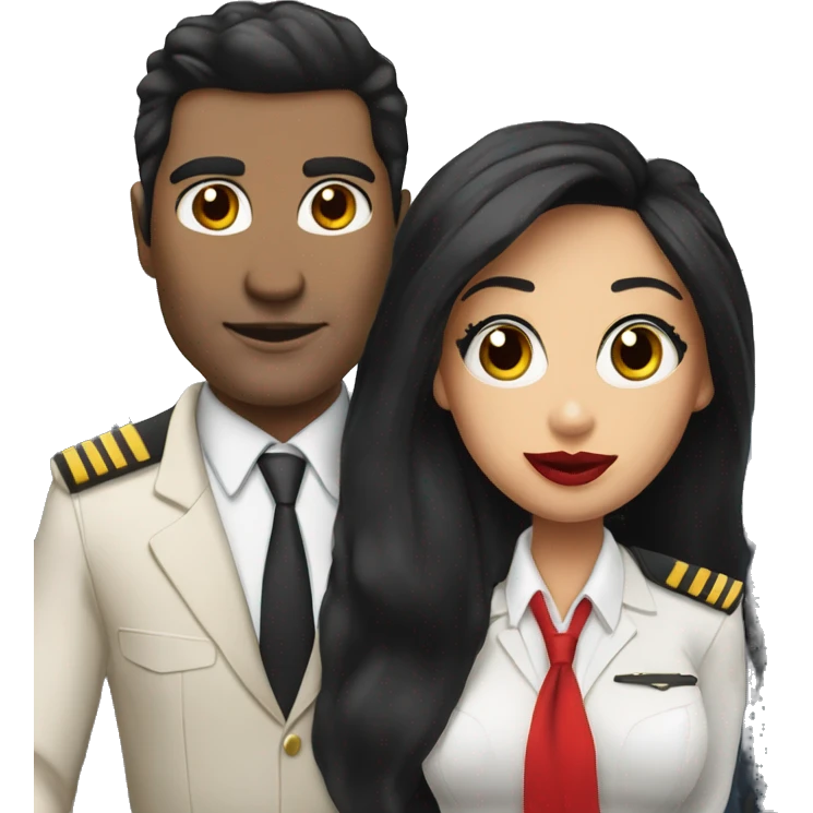 Flight attendant with long black hair, red lips and white skin with a pilot man with beige skin and black hair emoji