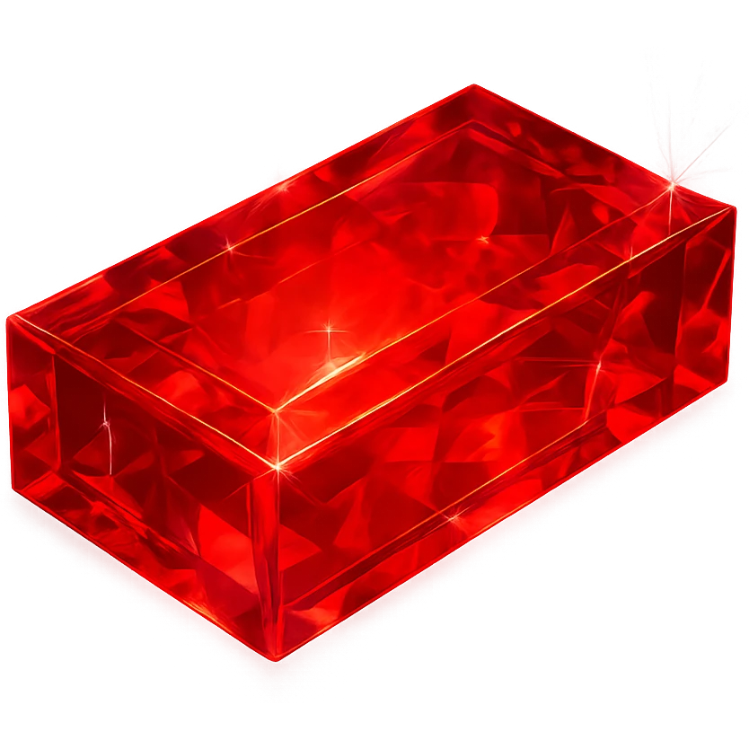a classic brick but made from translucent ruby, glowing effect, sparkling facets, jewel-like shine, vivid red emoji