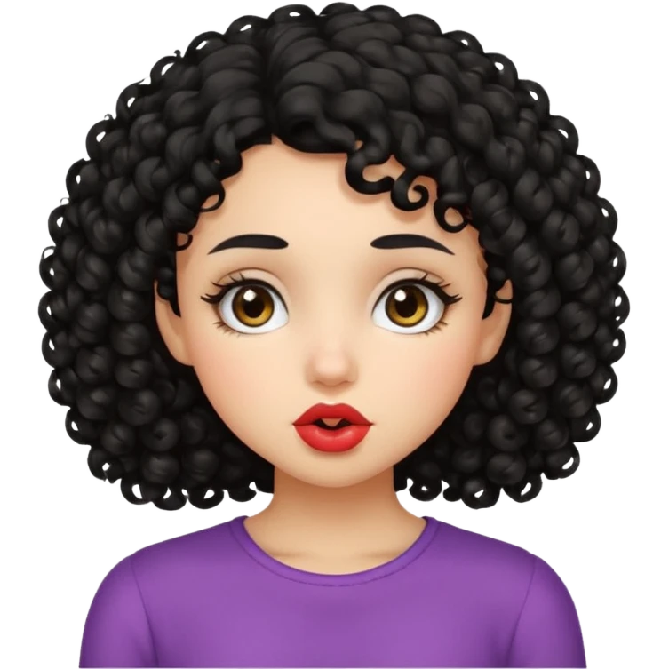 make a girl with black curly hair and dark brown eyes and soft features and make a kissy face emoji