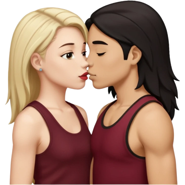 a white woman with short tomboy black hair wearing men's black tank top kissing a lightskin woman with long dark blonde hair wearing maroon tank top emoji