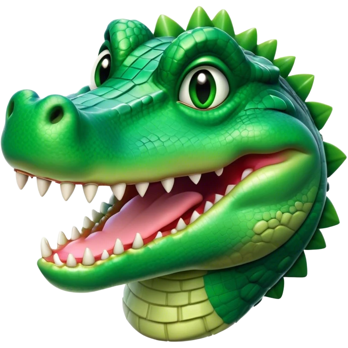 Cinematic Comical Crocodile Portrait Emoji, Head tilted dramatically with an exaggeratedly amused expression, featuring a striking, glossy emerald-green hide with bold textured scales and wide, expressive eyes filled with playful disbelief, Simplified yet hilariously expressive features, highly detailed, glowing with a slightly sassy glow, high shine, dramatic yet playful, stylized with an air of cheeky mischief, bright and endearing, soft glowing outline, capturing the essence of a spirited and over-the-top crocodile, so meme-worthy it feels like it could snap its jaws into internet fame instantly! emoji