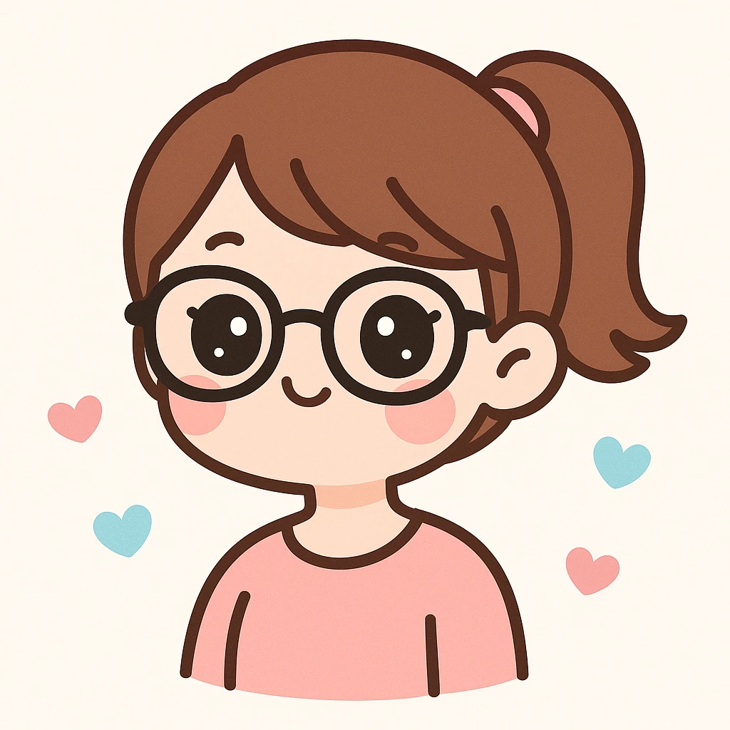 a woman with chestnut hair tied in a ponytail and black frame glasses, kawaii style emoji
