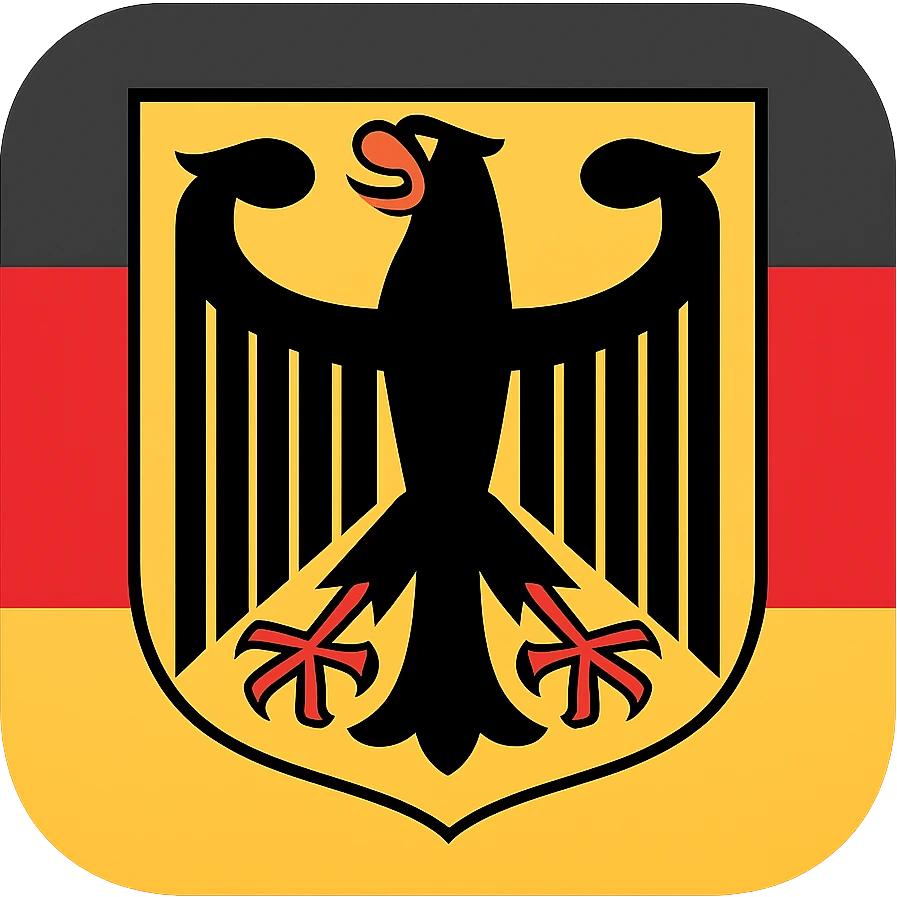 Create a classic and compact emoji featuring the Bundesadler (Federal Eagle) in front of the German flag. The design should be clear, with no text, and have a transparent background. The style should be emoji-like, concise, and visually balanced for emoji use. emoji