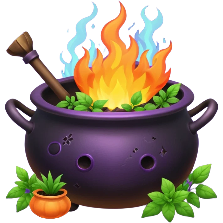 Cauldron with herbs, plants, flowers and fire emoji
