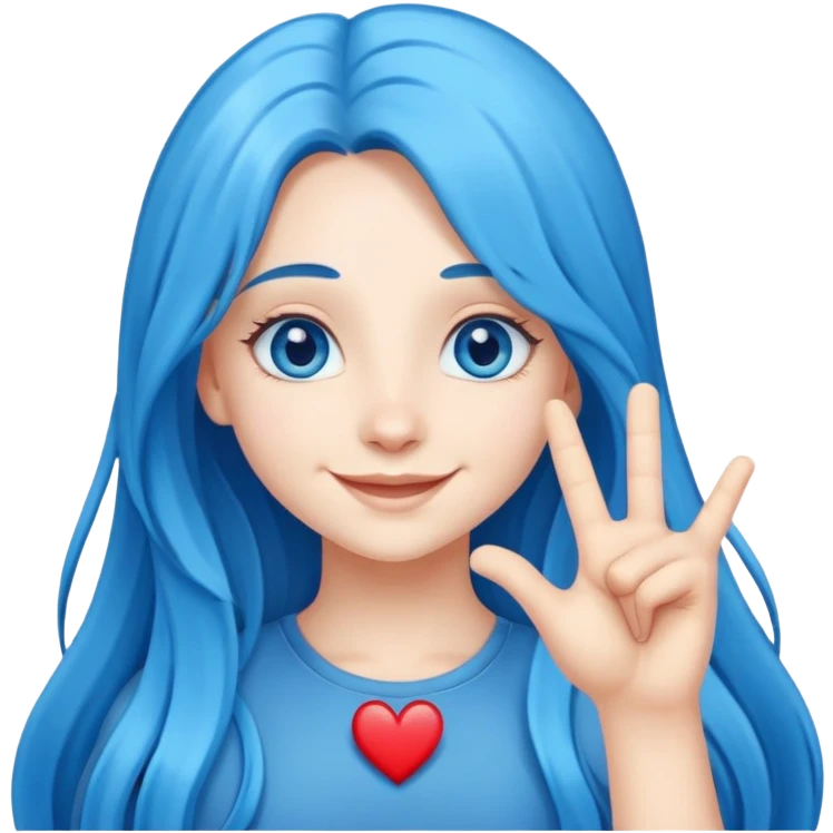 Happy girl long blue hair blue eyes making the hand heart emoji emoji