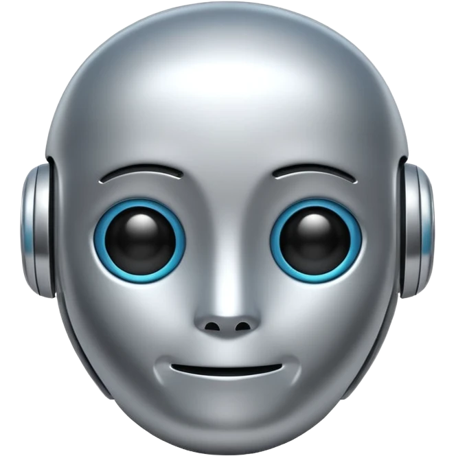A cute futuristic robot emoji made of silver chrome, rounded friendly body, minimal facial features, glossy metallic surface, soft reflections, iOS emoji style, centered, clean white background emoji