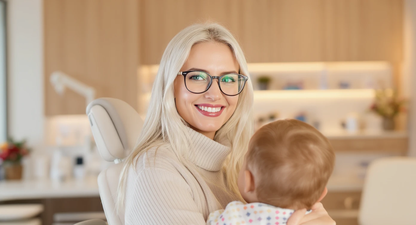 Cinematic still, Proffesional advertising of a smiling european white woman with glasses smiling holding baby, minimalistic ophthalmologist interior in background, leading  lines, "rule of thirds", 60/30/10 colors, soft light, warm colors, bokeh light in background emoji