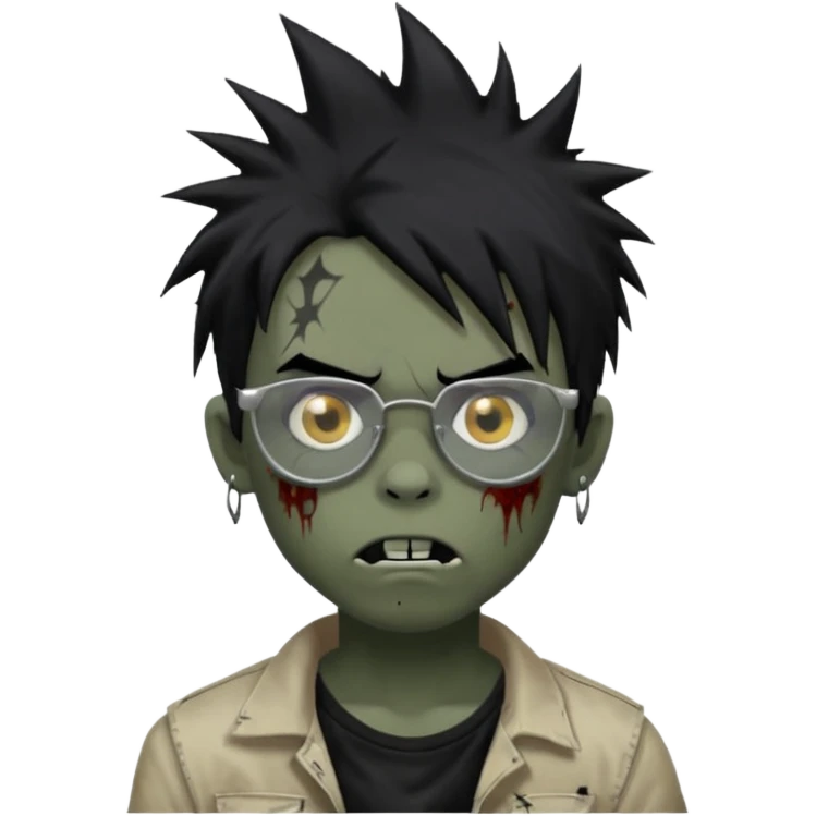 Boy, zombie, black hair, medium long, spiky hair, emo, shaggy, dark, spooky, creepy expression emoji, add transparent glasses, a risk on the eyebrow, some tattos emoji