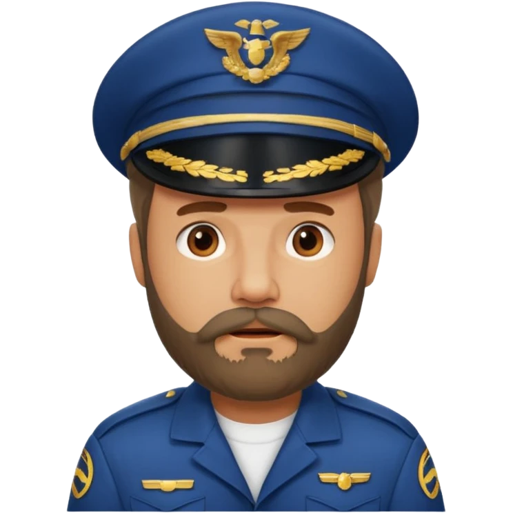 Middle-age, beard, wearing pilot uniform include hat, irritate attitude emoji