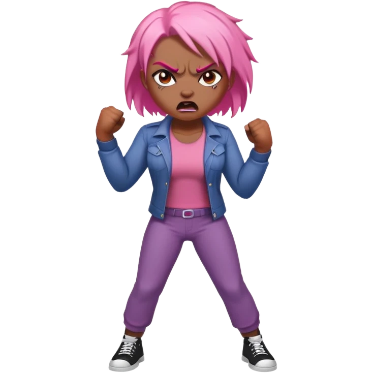 full body angry feminist with half bald head and half pink hair, extremely angry facial expression, fists clenched, aggressive stance emoji