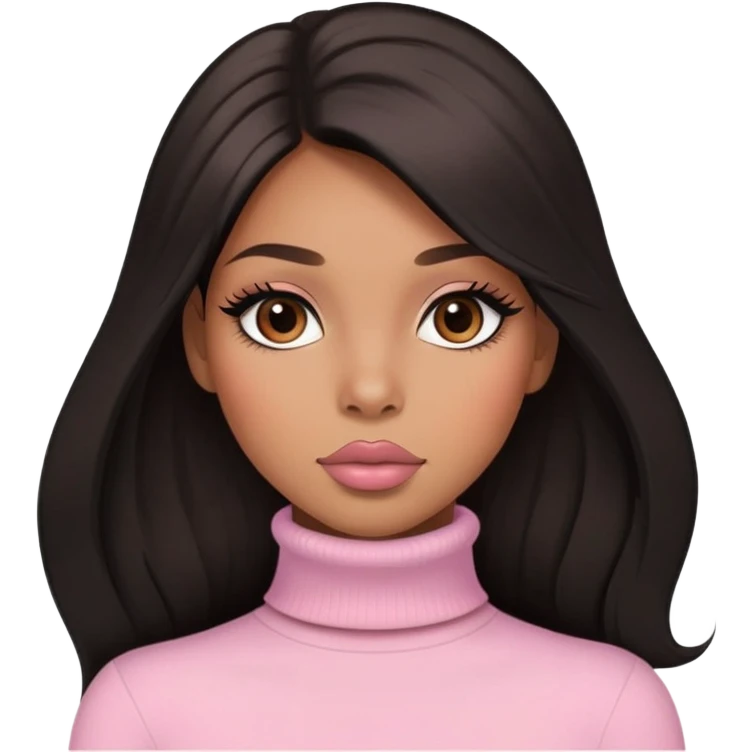 light brown skin tone, very beautiful woman, with big plump lips, long long lashes, black straight long hair, brown eyes, light pink turtle neck emoji