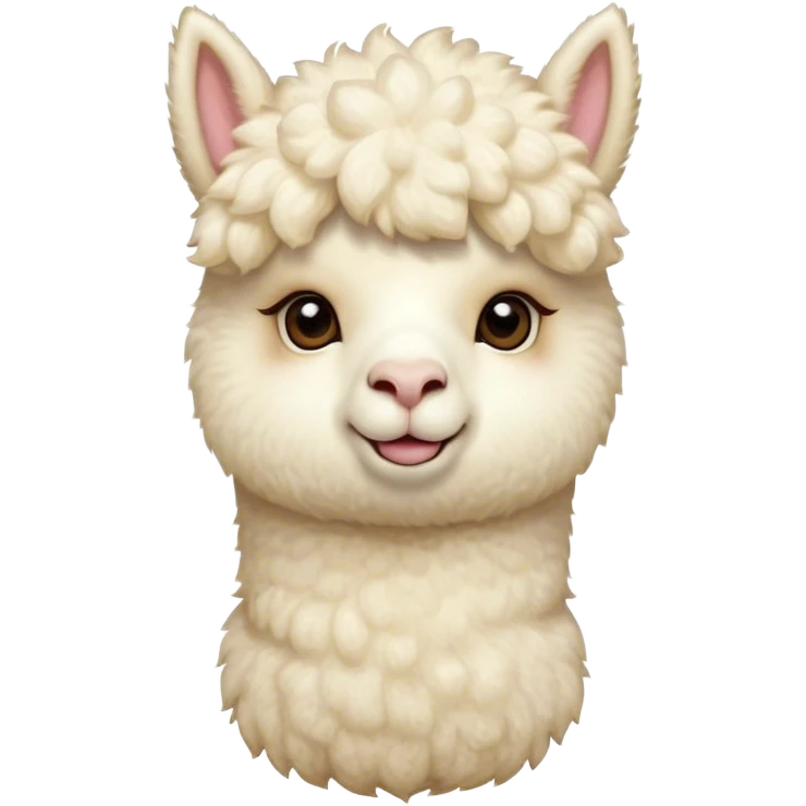 Cinematic Cute Cream Alpaca Portrait Emoji, Head tilted playfully and inquisitively, featuring a fluffy, cream fleece with a natural sheen, round, sparkling gentle eyes filled with curiosity, Simplified yet irresistibly adorable features, highly detailed, glowing with a warm, friendly glow, high shine, affectionate and gentle, stylized with a touch of whimsy, bright and endearing, soft glowing outline, capturing the essence of a mischievous yet loving alpaca, so playful it feels like it could prance out of the screen and into your arms! emoji