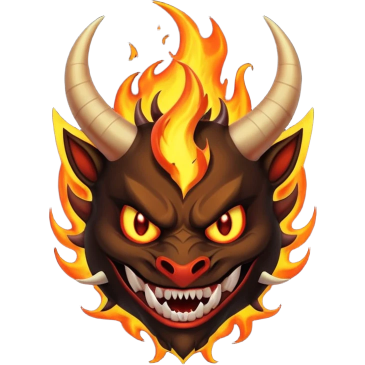 Create a dark-themed emoji of a demonic face with sharp, curved horns, glowing white eyes, an evil grin with large pointed fangs, and abstract flame-like patterns around the face.  emoji