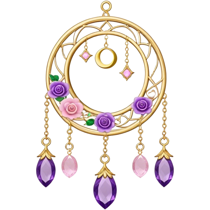 Epic beautiful gorgeous cute gold suncatcher, threads with shiny sparkly amethyst and rose-quartz gemstones, flowers, crescents-moons emoji