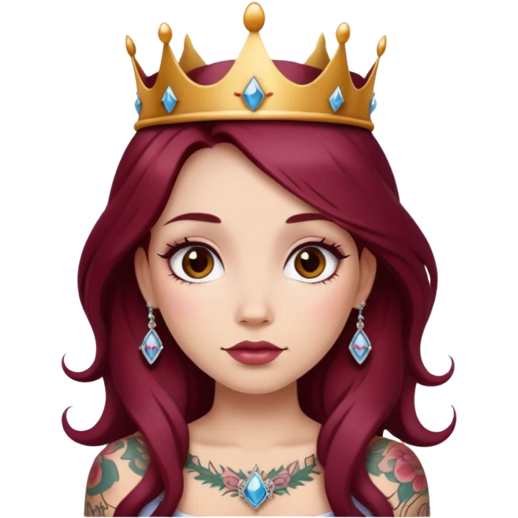 Beautiful tattooed long burgundy haired girl wearing a princess crown emoji